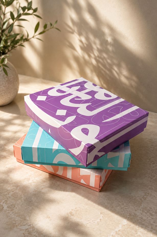 Stacked boxes printed with Arabic calligraphy