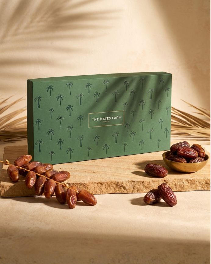 Green Dates Farm gift box with palm pattern
