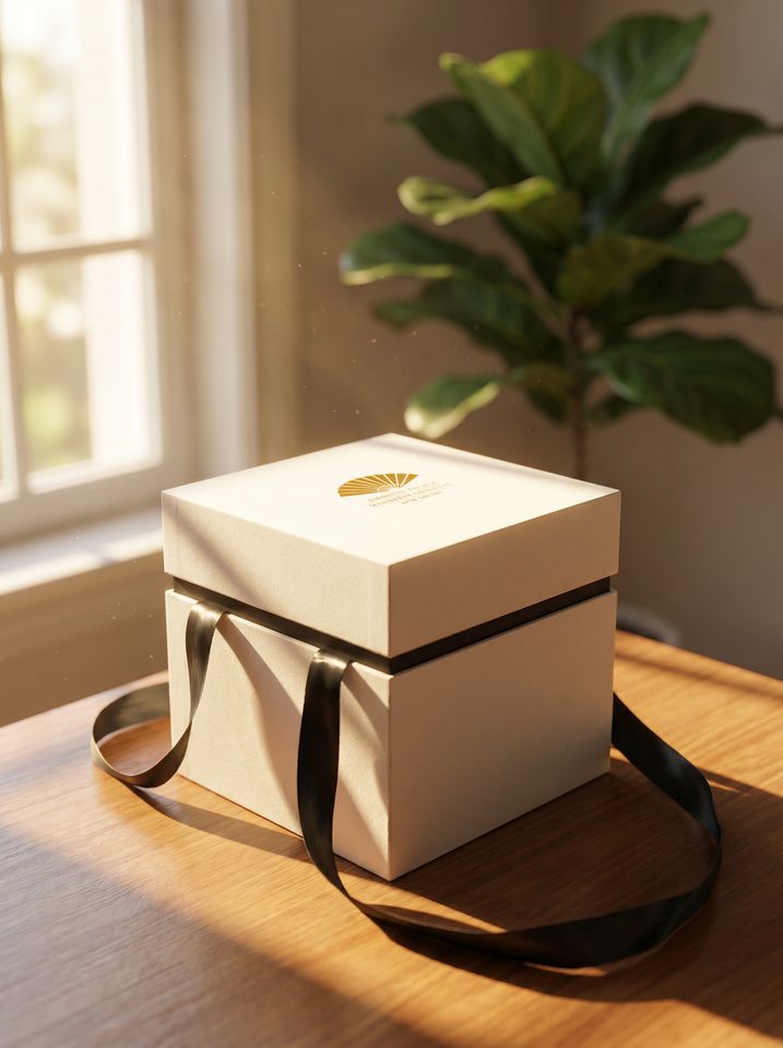 Cream rigid box with gold foil emblem and black ribbon handles